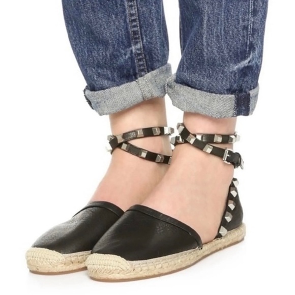 Rebecca Minkoff Gilles Black Leather Wrap Studded Espadrille Sz 8 like New!! - Picture 2 of 3